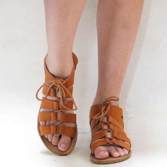 New Tan Lace Up Strappy Gladiator Flat Sandals - Picture 3 of 4